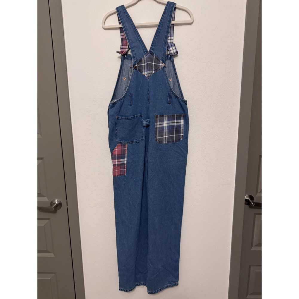 Rio Vintage Denim Plaid Patchwork Overalls Womens Large Medium Wash Cotton e3 - Picture 3 of 8